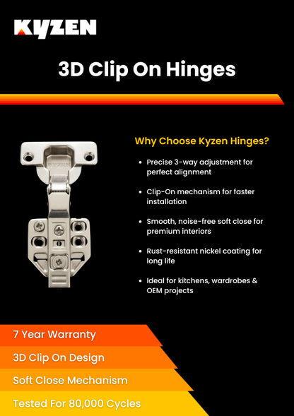 Kyzen 3D Clip On Hinges Nickel Finish (Soft Close)